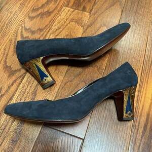 Vintage Andrew Geller Mid Century Navy Suede Heels Art Deco Geometric Trim